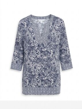 Sigrid Olsen Coastal Navy White Paisley Tunic - Relaxed Fit Resort Top